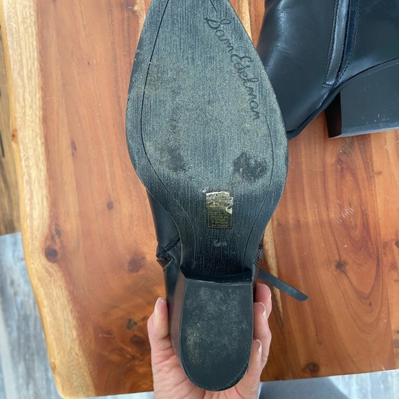 Sam Edelman Black Western Pointed Toe Leather Ankle Zip Chunky Heel Bootie - Picture 5 of 6